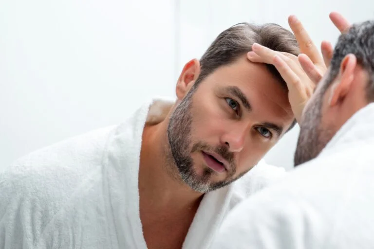 un hombre revisa su cabello tras aplicarse un suplemento de colágeno